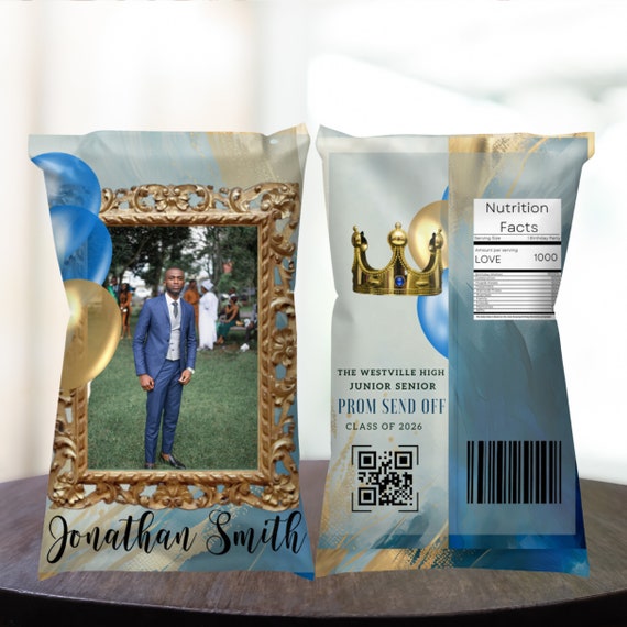 Prom Send Off Chip Bag Template, Prom Party Favors, Printable Photo Chip Bags, Blue and Gold Custom Bags, Instant Download, PPBG