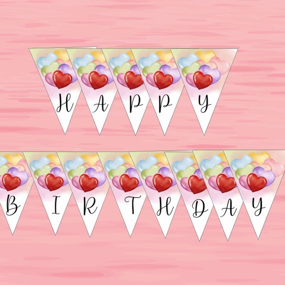 Birthday Rainbow Heart Party Triangle Banner Template, Heart Bunting Banners, Printable Triangle Buntings, Print and Digital, #HBR