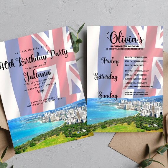 Hawaii Birthday Invitation Template, Editable Bachelorette Itinerary. Hawaii Itinerary Invite, Hawaii Skyline, Instant Download #HWII