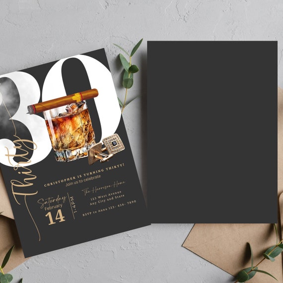 Customizable Black & Gold Whiskey and Cigars Party Invitation Template, Sign with Cufflinks Birthday Invite - Elegant Design Whiskey, Cigars