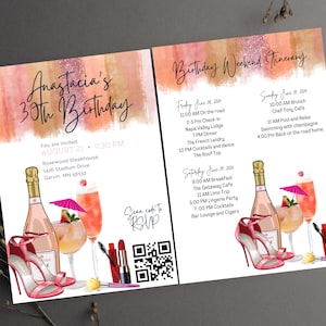 Invitación al código QR de la escapada de cumpleaños de fin de semana para damas, itinerario de cumpleaños de fin de semana, invitaciones de cumpleaños para chicas nocturnas, #GWO impresas y digitales