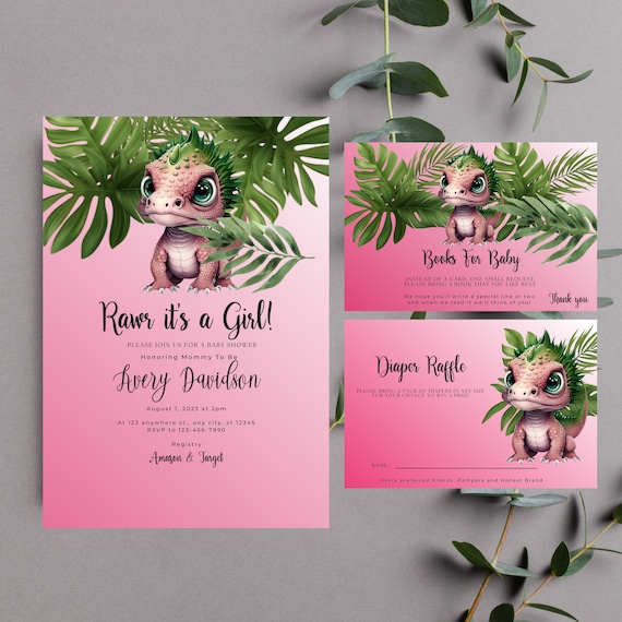 It's a Girl Dinosaur Baby Shower Invitation, Editable Dino Template Bundle, Dino Books for baby Shower, Girl Baby Shower, Printable Invite