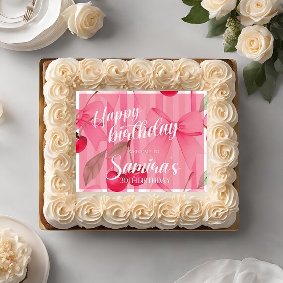 Cherry and Bow Edible Cake Topper | Customizable Birthday Cake Decor |Cherry Themed Party Decoration | Personalized Printable Frosting Sheet