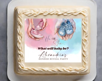 Op maat afdrukbare eetbare Gender Reveal Cake Topper, roze en blauwe schoenen Party Decor voor babyshower - jongen of meisje verrassing