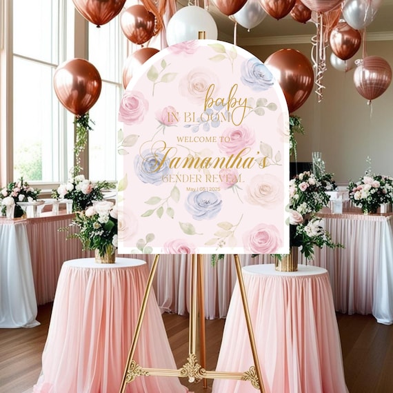 Pastel Pink & Blue Roses Welcome Sign - Gender Reveal Baby Shower Sign - Spring Baby Shower Decor - Floral Foam Arch Sign, Summer Baby Party