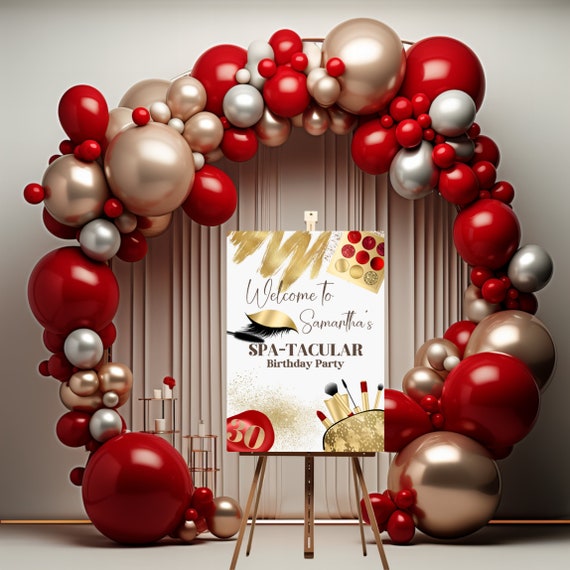 Customizable Glitz and Glam Spa Party Welcome Sign, Perfect for Spa Birthdays and Makeup Slumber Parties, Glamorous Girl Gold and Red Banner