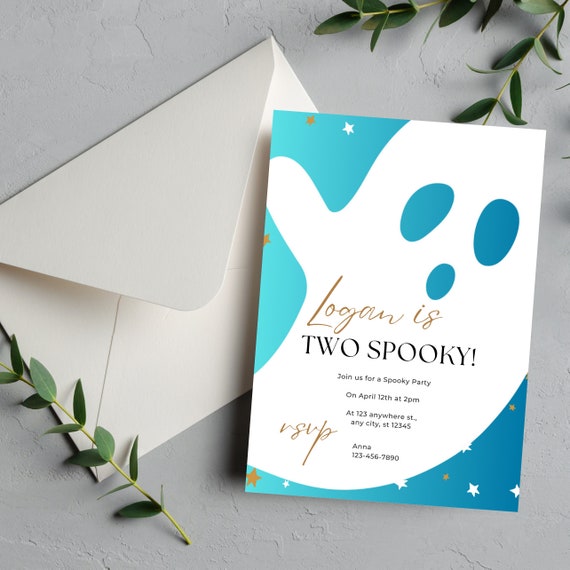 Editable Two Spooky Halloween Birthday Party Invitation, Ghost Second Birthday Invite, Halloween Printable, Blue Boy Ghost Birthday