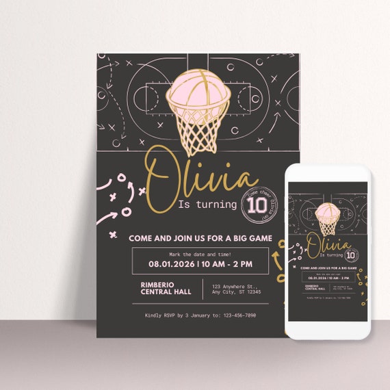 Pink Basketball Birthday Invitation Template, for Girls/Pink Basketball Invitations for Kids, Teens/Pink Sports Event Invite, Print, Digital