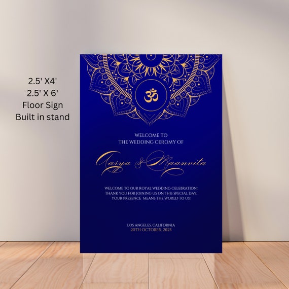 Editable Blue and Gold Indian Royal Wedding Floor Sign | Elegant Indian Wedding Decor | Customizable Event Entrance Signage