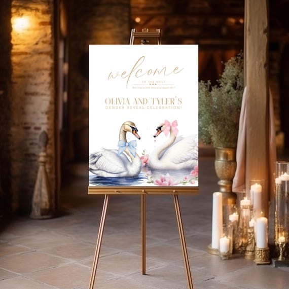 Editable Swan Gender Reveal Welcome Sign | Pink & Blue Bow Baby Shower Sign | Elegant Swan Theme Reveal Sign