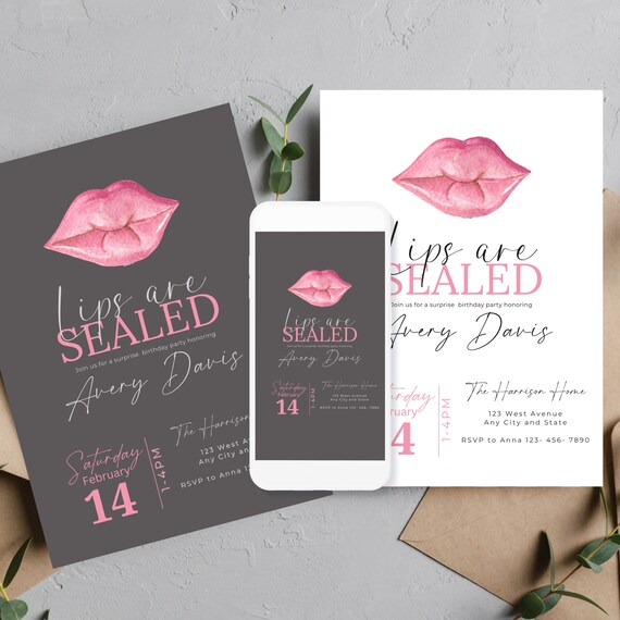 Pink Sealed Lips Birthday Invitation Template - Printable for Ladies Surprise Party, Editable Dinner Lip Theme Invite - Print & Digital