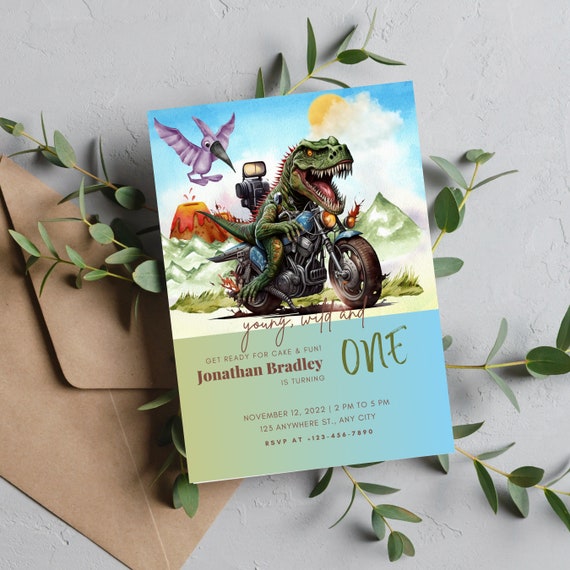 T Rex Dinosaur Motorcycle Birthday Party Invitation, Boys Printable T Rex Invite, Editable Dinosaur Birthday Invitation, Digital, Print