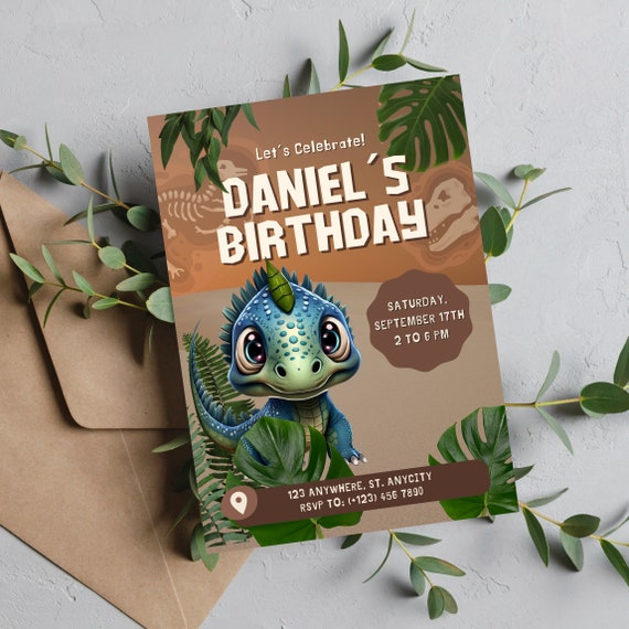 Dinosaur Birthday Invitation Template, Dino Any Age Bday Invite, Blue Birthday Party Printable, Print and Digital, #DINO