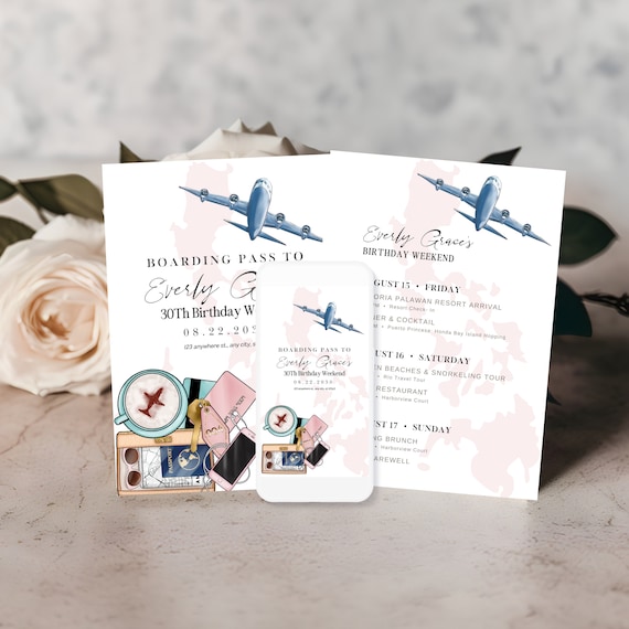 Customizable Travel Weekend Invitation Getaways: Personalized Birthday Itinerary, Vacation Weekend Invite, Printable Destination Details