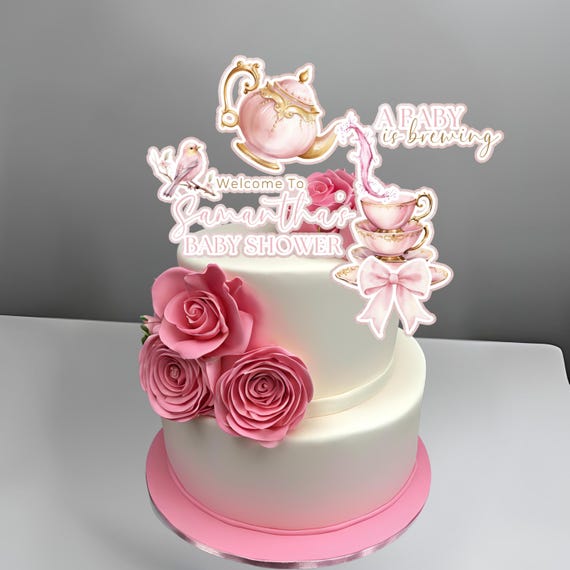 Handcrafted Baby Shower Tea 3D Cake Topper Template, Pink and Gold