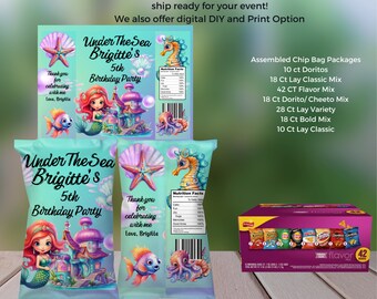 May include: Under The Sea Brigitte's 5th Birthday Party chip bags with a mermaid and seahorse design. The bags are blue and green with a purple and pink background. The text 'Thank you for celebrating with me Love, Brigitte' is on the bag.