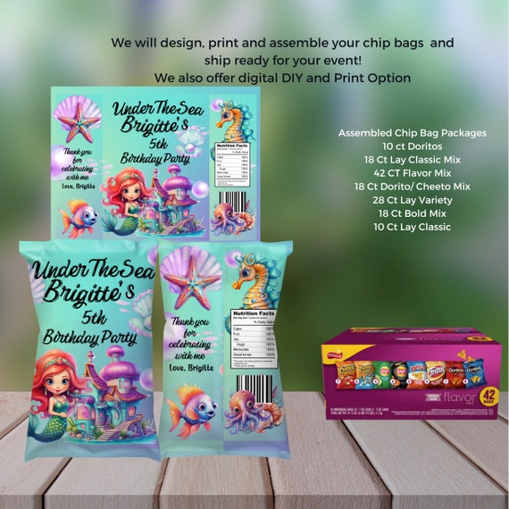 Mermaid Chip Bag Template, Mermaid Birthday Party Chip Bags, Under the Sea Birthday Label, Editable Printable, Print, Digital,Assembled #LMB