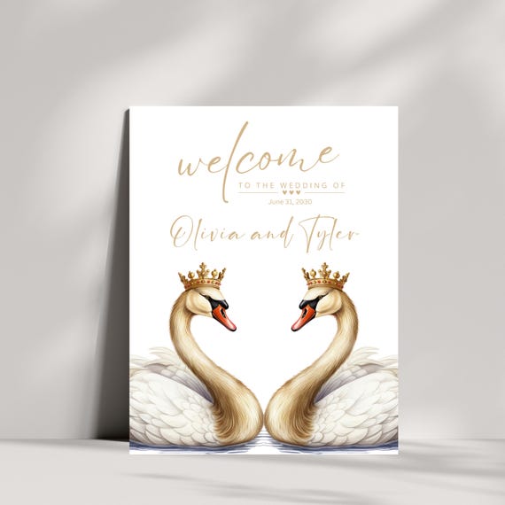 Elegant Wedding Day Welcome Sign | Swan Couple with Crowns | Royal Wedding Decor | Customizable Ceremony Signage | Romantic Swan Theme Sign