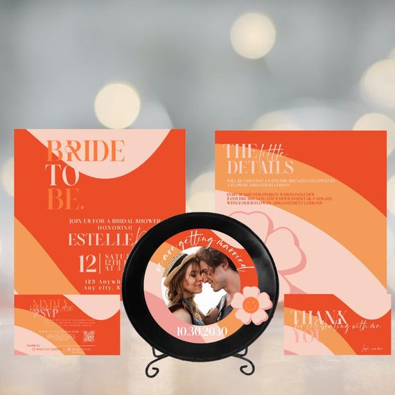 Retro Bridal Shower Invitation Suite | Groovy 70's Vinyl Record Theme | Hippie-Chic Party Details Thank You Cards | Funky Vibes Retro Flair