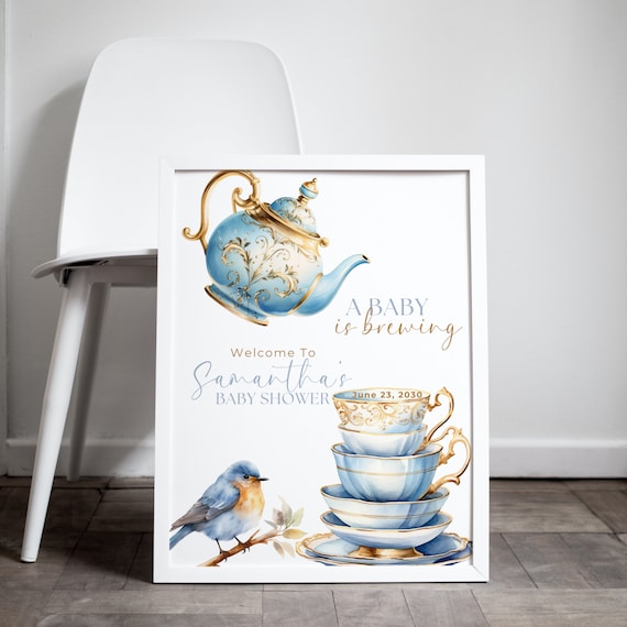 Customizable Baby Shower Tea Welcome Sign Template, Blue and Gold Tea Pot Party Signage, A Baby Is Brewing Banner, Blue Boy Editable Signs