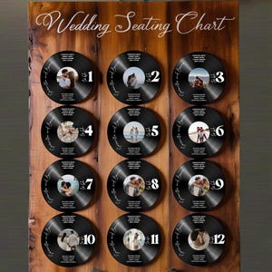 Retro Schallplatten-Hochzeits-Sitzplan mit Foto - Bearbeitbares Gästelisten-Schild, Musik-Thema-Empfangsdekor, Vintage-Aufzeichnungs-Hochzeitsschild