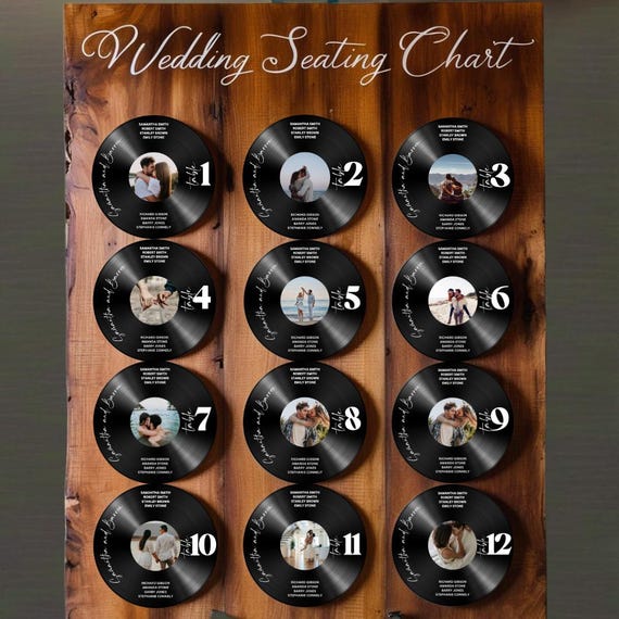 Retro Vinyl Record Wedding Seating Chart with Photo – Editable Guest List Sign, Music Theme Reception Decor, Vintage Record Wedding Sign