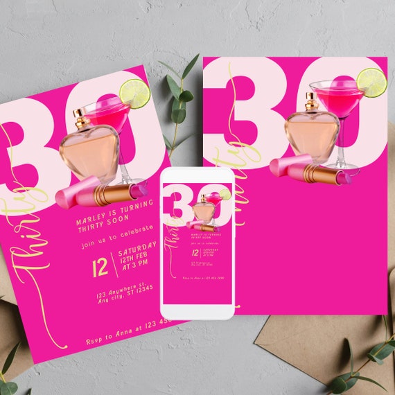 Adult Hot Pink Birthday Invitation Template, Pink Cocktail Party Invite, Editable Any Age, Hot Pink Cocktails Theme Party, #HPC