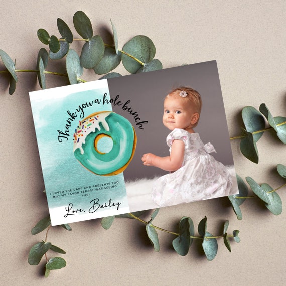 Sweet One Birthday Photo Thank You Card, Turquoise 1st Birthday Party Cards, Donut Bday Printable, She’s a Sweet One, Print and Digital #DBT