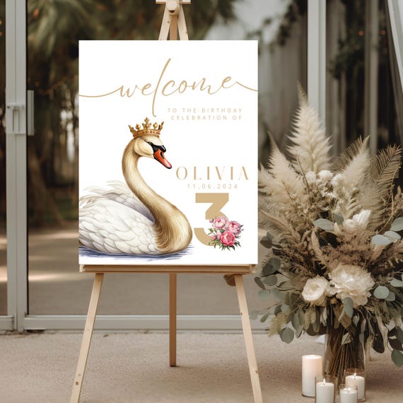 Elegant Swan Princess Birthday Welcome Sign - Custom Royal Party Decor - Personalized Swan with Crown Sign, Any Age, Instant Download