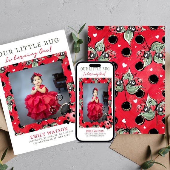 Ladybug Photo Birthday Invitation,  Ladybug Birthday Invitations, Lady Bug Picture Invite, Our Little Bug Printable, Print and Digital, LDYB
