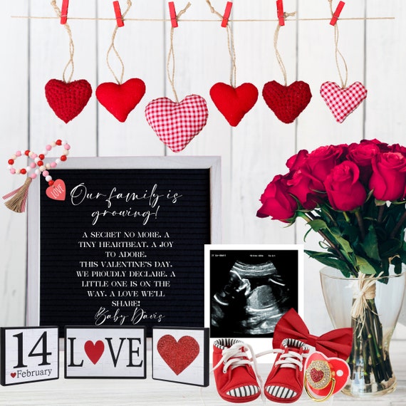 Valentine's Day Pregnancy Announcement - Digital Baby Reveal Template with Editable Options - Gender Reveal for Girl or Boy  Red Roses Theme