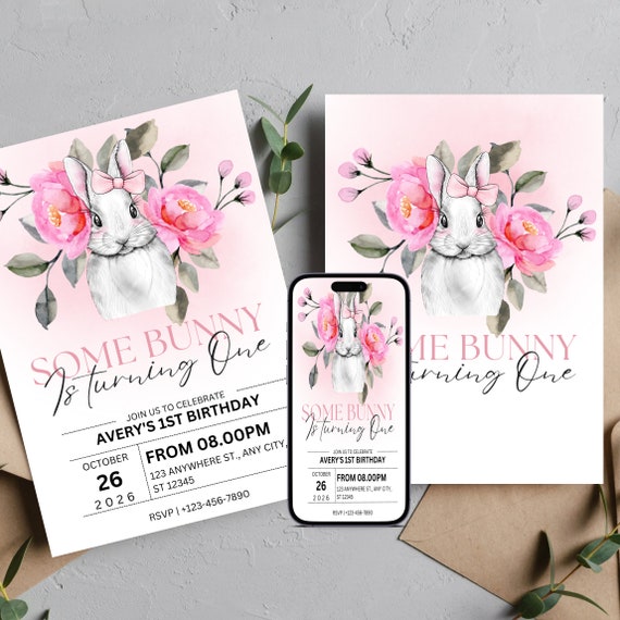 Girls Birthday Bunny Invitation, Spring Birthday Party, Easter Printable Invite, Pink Floral, Editable Templates, Print and Digital EBB