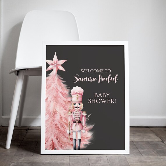Pink Christmas Tree Baby Shower Welcome Sign Template, Pink Holiday Nutcracker Baby Shower Banner, Editable Pink Shower Signs