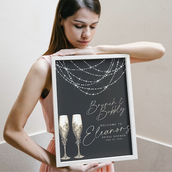Editable Champagne Glass Bridal Shower Welcome Sign Template, Bubbly and Brunch Banner, Customizable Elegant Wedding Décor Bridal Shower