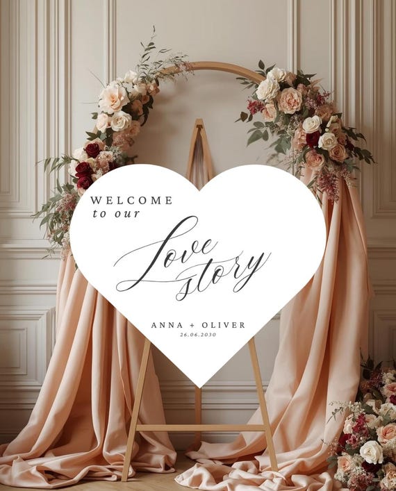 Heart Shaped Wedding Welcome Sign, Romantic Entrance Decor, Bridal Reception Sign, Custom Names Date, Ceremony Entrance Display