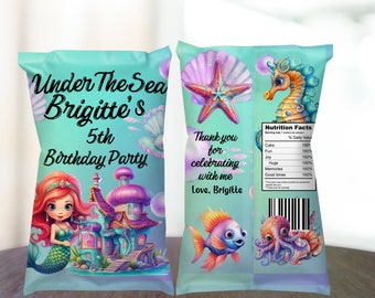 Mermaid Chip Bag Template, Mermaid Birthday Party Chip Bags, Under the Sea Birthday Label, Editable Printable, Instant Download #LMB