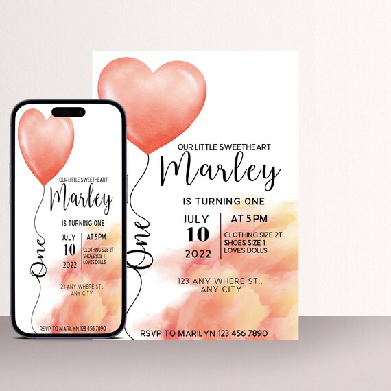 Valentine Peach Heart Birthday Invitation, First Birthday Invite, Watercolor Heart Balloon, Print and Digital #HBPC