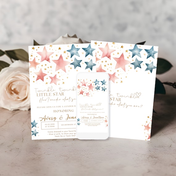 Editable Pink and Blue Stars Gender Reveal Invitation Template - Twinkle Little Star Printable Invite - Customizable Baby Shower Invitations
