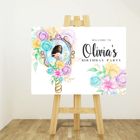 Princess Mirror Welcome Sign, Personalized Castle Signs, Custom Party Banner, Castle Floral Banners, Print and Digital