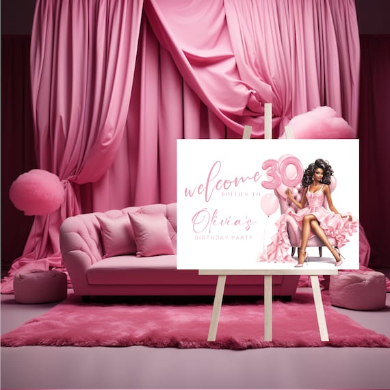 Editable Pink Doll Party Welcome Sign - Personalized African Doll Birthday Banner - Customizable Any Age - Girl's Doll Theme Decor