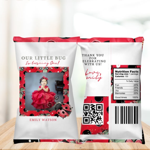 Ladybug Photo Birthday Chip Bag Labels, Lady bug Birthday Chip Bag Label, Our Little Bug Printable Party Favor, Print and Digital, LDYB
