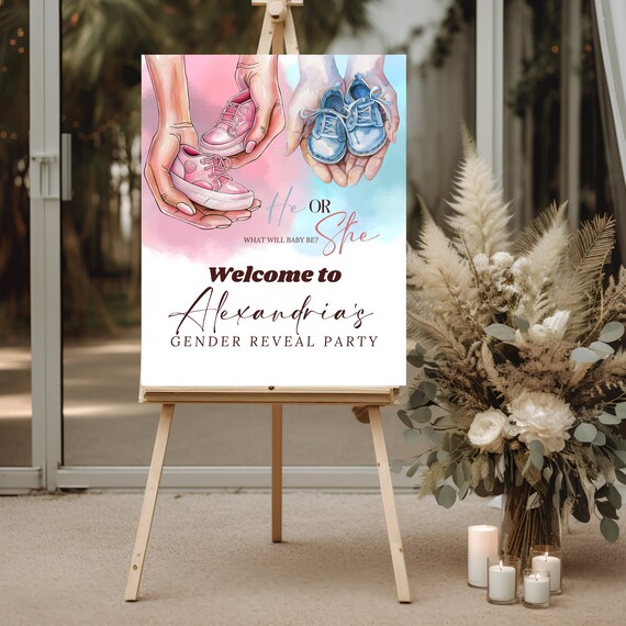 Editable Gender Reveal Welcome Sign, Pink & Blue Shoes Party Banner, Girl Boy Gender Reveal Decor - Custom Printable, Baby Shower Decor