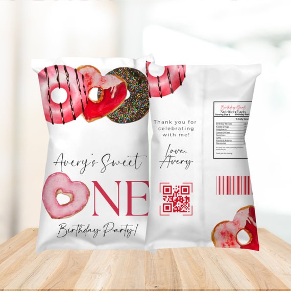 Donuts & Sweets Chip Bag Template - Red Editable Labels for Birthday Parties - DIY Bday Decoration - Custom Printable Chip Bags