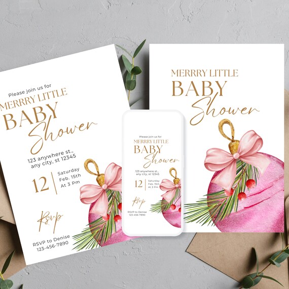 Pink Holiday Ornament Baby Shower Invitation for Girl, Editable Christmas Baby Shower Invite Template, Pink Christmas Baby Shower Invite