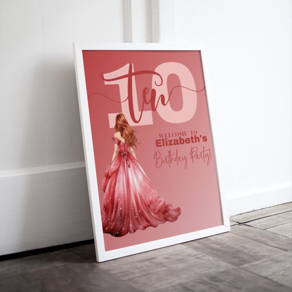 Princess Birthday Welcome Sign, Royal Party Entrance Decor, Red and Pink, Customizable Banner, Girls Birthday Decorations, Instant Download