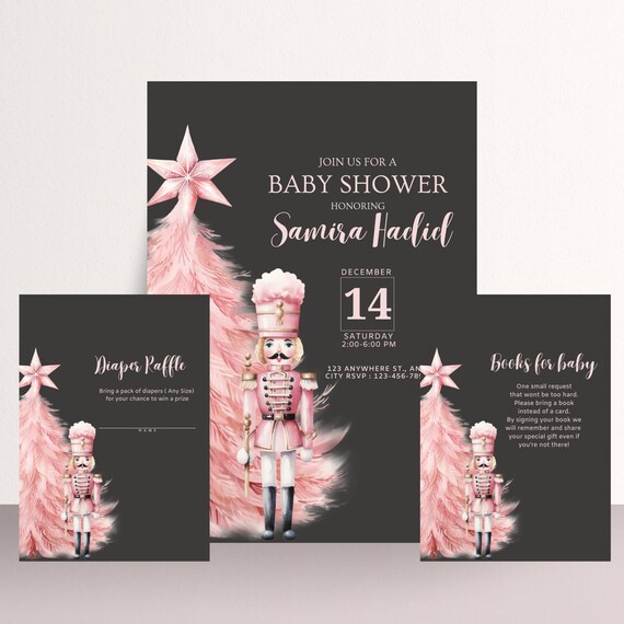 Pink Christmas Tree Baby shower Invitation Bundle, Winter Girl Baby Shower Invitations, Winter Pink Books For Baby, Diaper Raffle Card