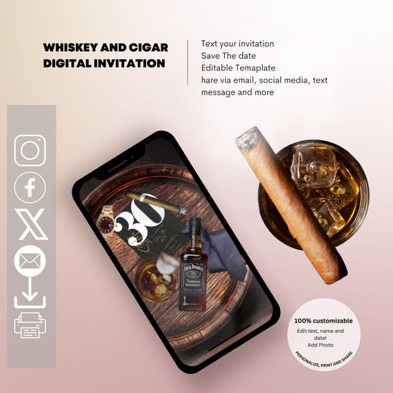 Editable Whiskey & Cigar Birthday Party Invitation - Animated Surprise Milestone Evite Template - Any Age Celebration