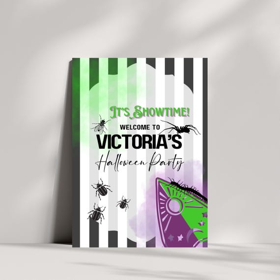 Editable Black & White Striped Birthday Welcome Sign | 'It's Showtime' Halloween Party Banner | Spooky Fun Printable, Beetle-Inspired Theme