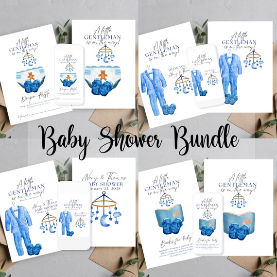 A Little Gentleman Baby Shower Bundle Template, Boy Baby Shower Printable, Editable Blue Baby Shower Card, Instant Download