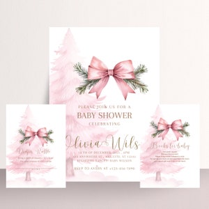 Pink Christmas Tree Baby shower Invitation Bundle, Winter Girl Baby Shower Invitations, Winter Pink Books For Baby, Diaper Raffle Card